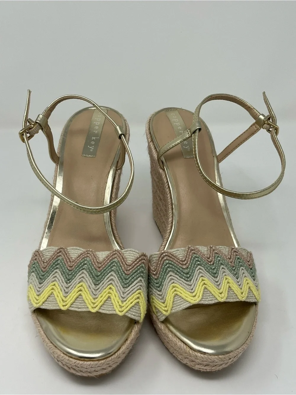 Copper Key Espadrille Wedge Sandals Size 9.5 Pastel Chevron Platform Heels Boho